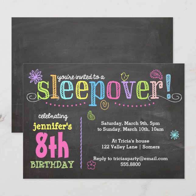 Birthday Invitation-Sleepover Party, Chalk + Neon Invitation (Front/Back)