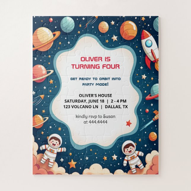 Birthday Invitation Space Boy astronaut Card Jigsaw Puzzle (Vertical)