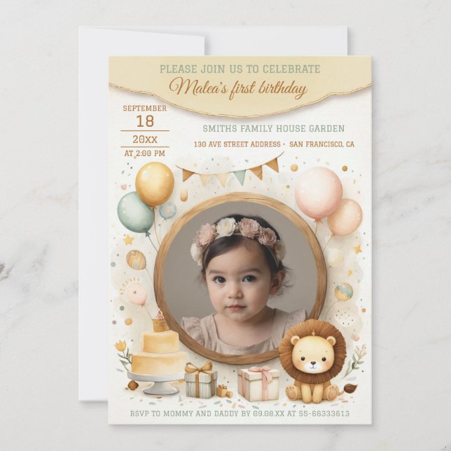 Birthday Invitation with lion cub Frame for Photo (Front)
