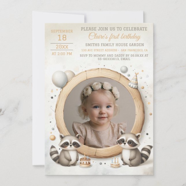 Birthday Invitation with Raccoon Frame for Photo (Front)