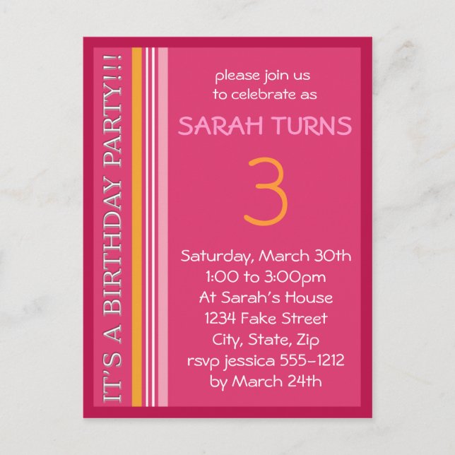 Birthday Invitation with Stripes Postcard (Front)