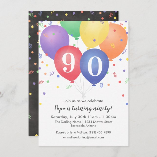 Birthday Invitations with bright coloured balloons (Front/Back)