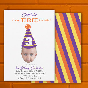 Birthday Invite 3rd Three Birthday Baby Face Photo