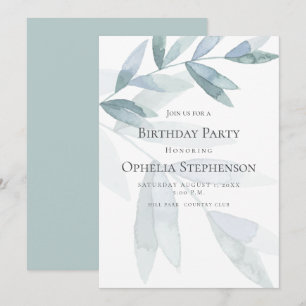 BIRTHDAY INVITE Dusty Blue Watercolor Eucalyptus