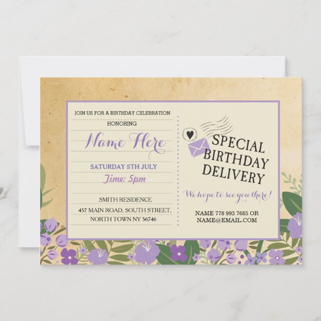 Birthday invite Postcard Purple Lilac Invitation (Front)