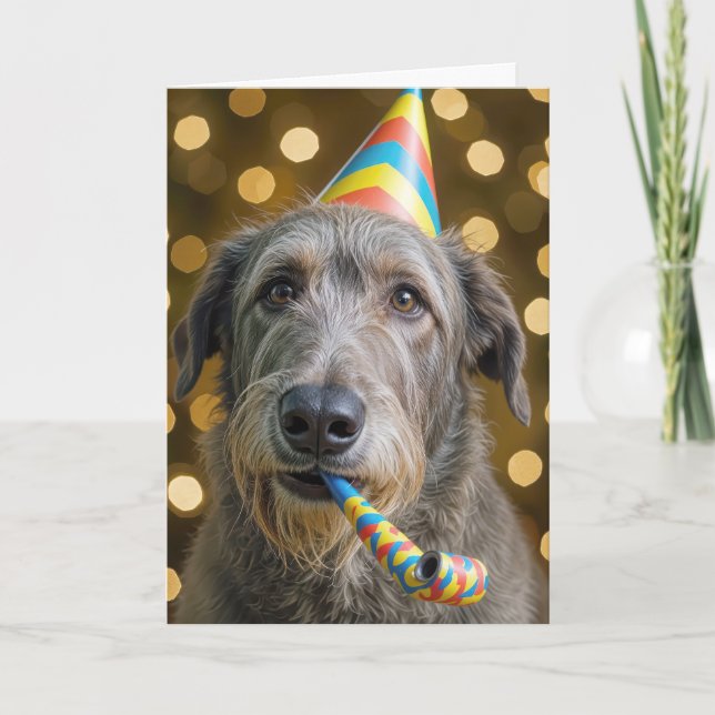 Birthday Irish Wolfhound with Party Hat Card (Front)