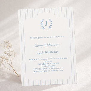 Birthday Ivory Dusty Blue Pinstriped Monogram Invitation