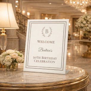 Birthday ivory taupe monogrammed elegant welcome pedestal sign