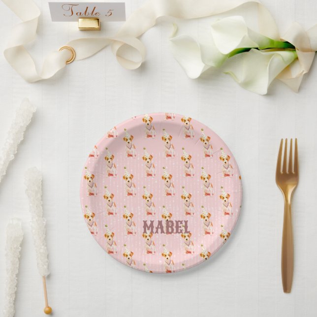 Birthday Jack Russell Dog Party Hat Pink Personal Paper Plate (Wedding)