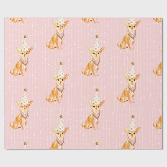 Birthday Jack Russell Dog Pink Party Hat Wrapping Paper (Flat)