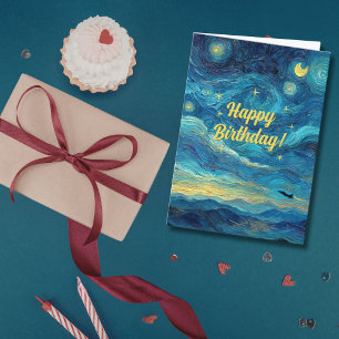Birthday Jet Fighter Airplane Blue Clouds Van Gogh Card