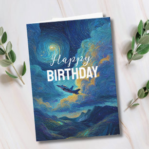 Birthday Jet Fighter Airplane Clouds Van Gogh Card