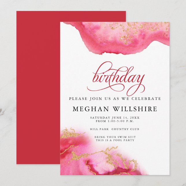 Birthday July Ruby Watercolor Geode Invitation (Front/Back)