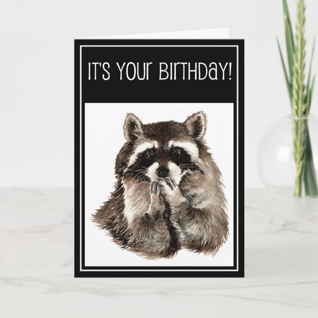 Birthday Kisses with Cute Watercolor Raccoon Card (Front)