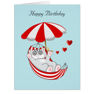 Birthday Kitten in Hammock on Light Blue