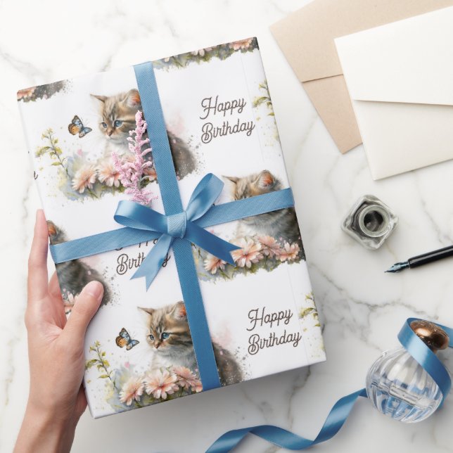 Birthday Kitten with Butterfly Wrapping Paper (Gifting)
