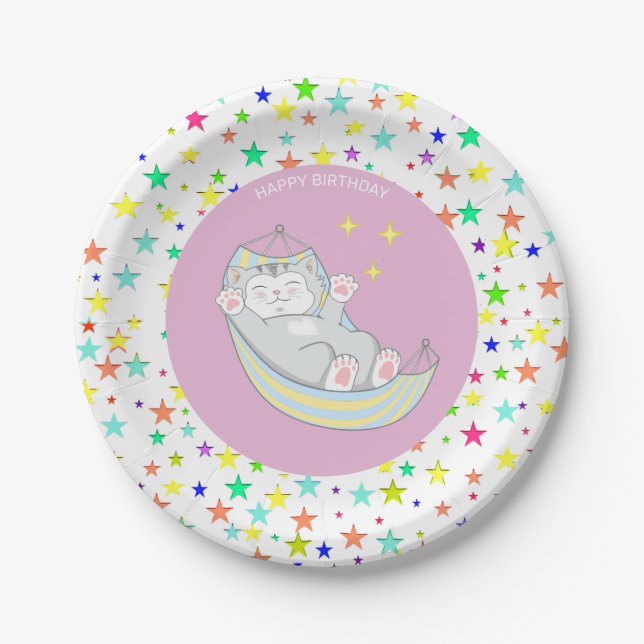  Birthday Kitty Cat & Multicolored Stars Paper Plate (Front)
