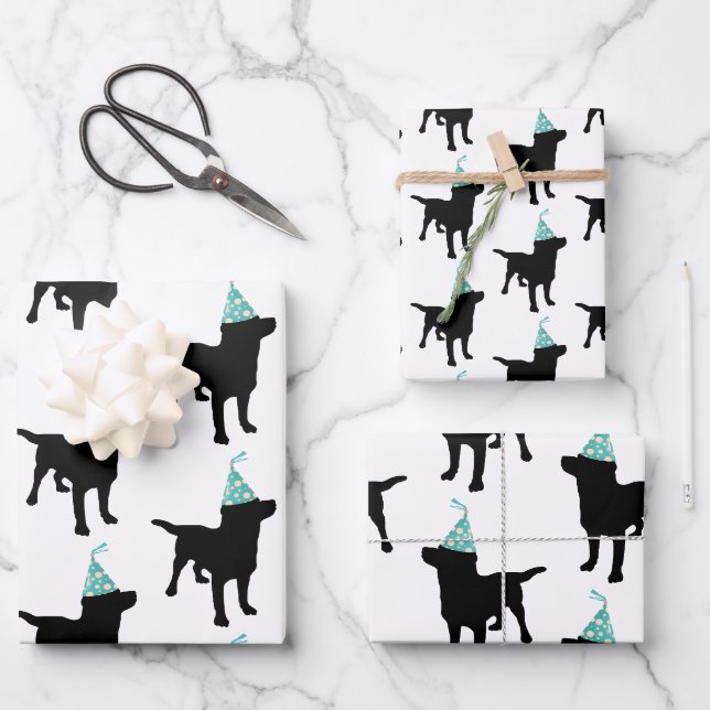 Birthday Labrador Black Dog In Party Hat Wrapping Paper Sheet (Front)