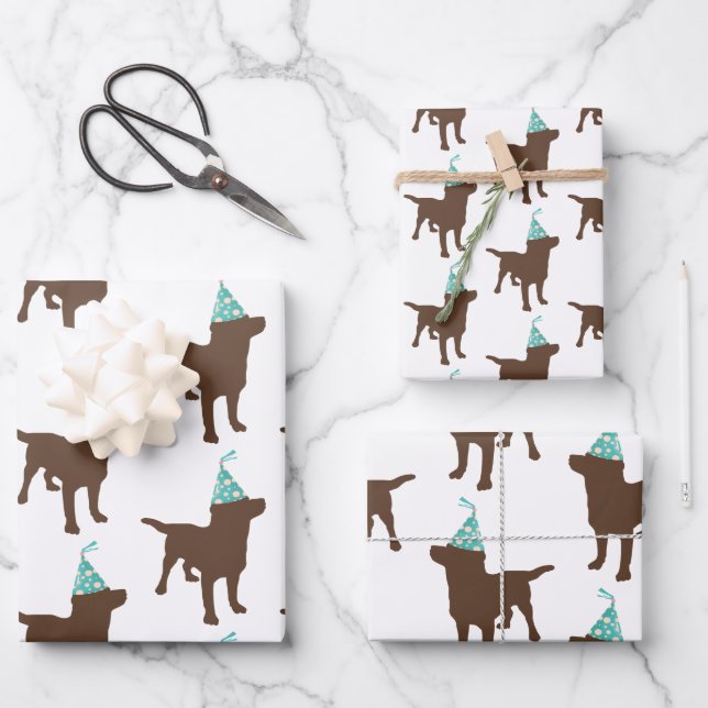Birthday Labrador Chocolate Dog In Party Hat Wrapping Paper Sheet (Front)
