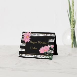 Birthday Lace and Black Stripes with Pink Daisies Card