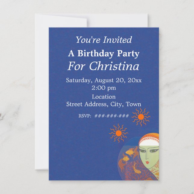 Birthday Lady Behind Fishbowl Goldfish Sun Invitation (Front)