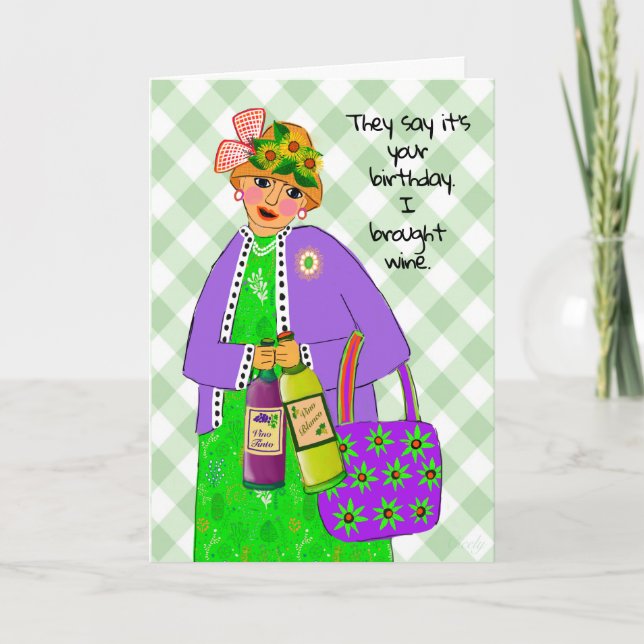 Birthday Lady dressed like the Queen brings Wine Card (Front)