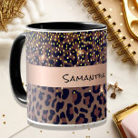 Birthday leopard pattern brown black name age mug<br><div class="desc">Elegant,  cool,  glamourous and feminine gift for as a 50th (or any age) birthday gift with brown,  golden and black leopard pattern,  decorated with golden confetti. Personalize and add a name and age 50. A faux bronze metallic looking band. Black hand lettered style script,  letters. 
.</div>