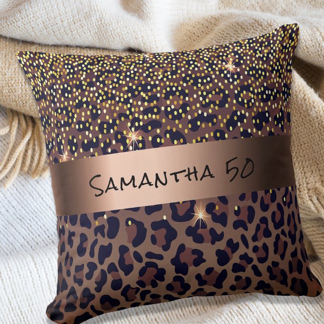 Birthday leopard pattern brown black name age throw pillow (Creator Uploaded)
