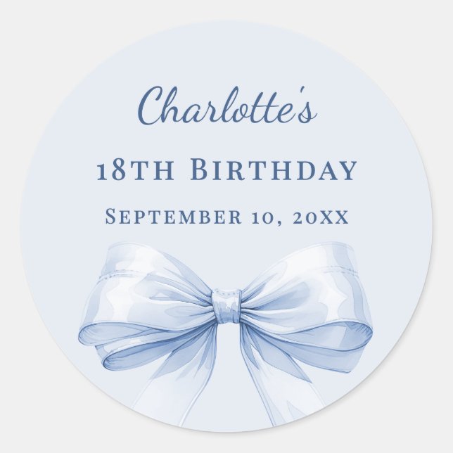 Birthday light blue bow classic round sticker (Front)