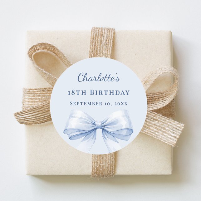 Birthday light blue bow classic round sticker (Creator Uploaded)