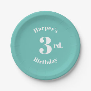 Birthday light teal Custom name and number Paper Plate