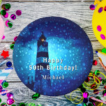 Birthday lighthouse navy blue night monogram paper plate<br><div class="desc">A lighthouse a stormy night with dark clouds and rain. A faint light can be seen in the lighthouse tower. A dark blue image covered with drops like raindrops or ocean spray. The lighthouse, a symbol of hope in the darkest of nights, guidance, direction and help. A safe Journey. Personalize...</div>