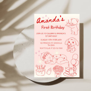  Birthday Line Art Girl’s 1st Birthday Party Invitation