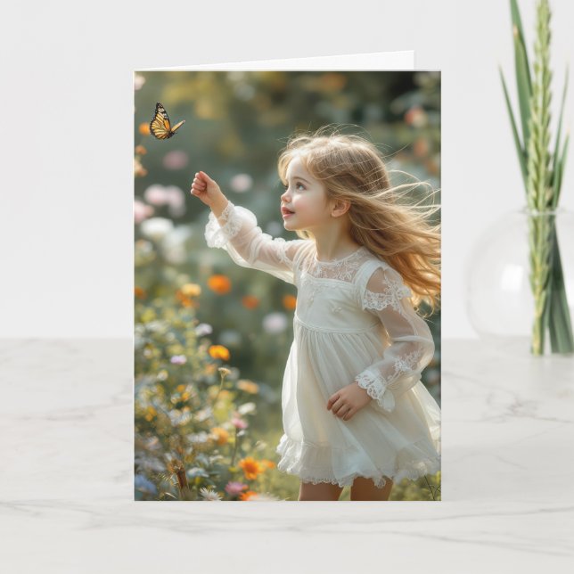 Birthday Little Girl Chasing a Monarch Butterfly Card (Front)