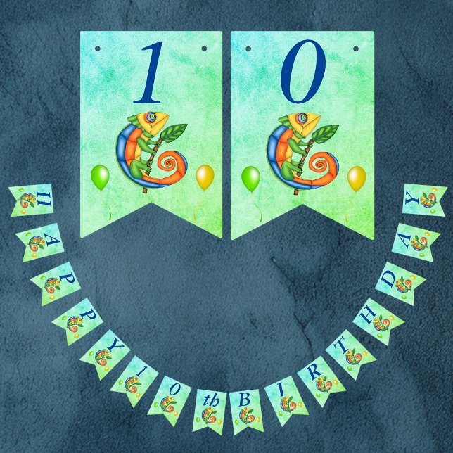Birthday Lizard Balloons Vibrant Colour Blue Green Bunting Flags (Cartoon Lizard vibrant colours stick with leaf on blue green kids birthday party banner decoration.)