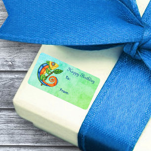 Birthday Lizard Leaf Vibrant Colours Blue Green Label