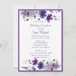 Birthday Lunch Purple Watercolor Flowers  Invitation