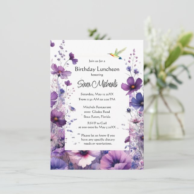 Birthday Luncheon Purple Hibiscus Flower  Invitation (Standing Front)