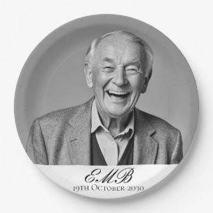 Birthday Male Stylish Photo Black White Monogram  Paper Plate