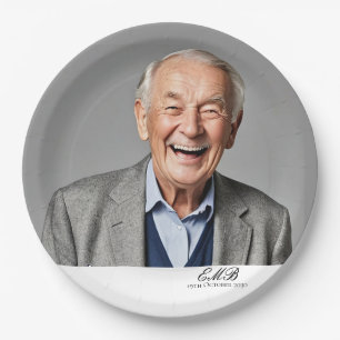 Birthday Male Stylish Photo Black White Monogram  Paper Plate