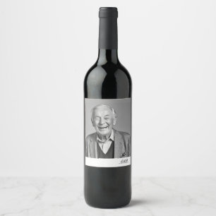 Birthday Male Stylish Photo Black White Monogram  Wine Label