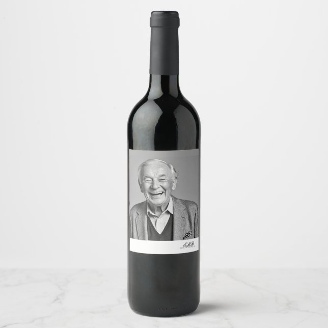 Birthday Male Stylish Photo Black White Monogram  Wine Label (Front)