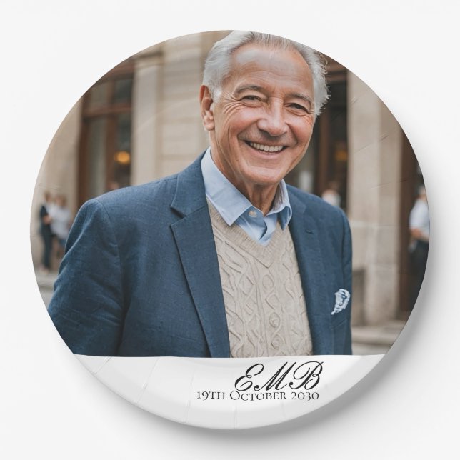 Birthday Male Stylish Photo White Monogram  Paper Plate (Front)