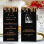 Birthday Menu black gold photo glitter fun facts<br><div class="desc">Birthday party menu card.  Personalize and add a name,  age,  date and the menu. A chic black background,  decorated with dark faux gold glitter drips.  Golden coloured letters.
Back: add a photo of the birthday girl,  fun facts and names.</div>