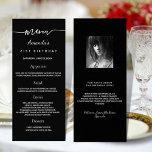 Birthday Menu black white photo fun facts<br><div class="desc">Birthday party menu card.  Personalize and add a name,  age,  date and the menu. A chic black background.  White coloured letters.
Back: add a photo of the birthday girl,  fun facts and names.</div>