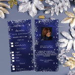 Birthday Menu blue silver photo fun facts choises<br><div class="desc">Birthday party menu card.  Personalize and add a name,  age,  date and the menu for your guests to choose fro. A navy blue background,  decorated with faux silver glitter dust.  The blue colour is uneve. White coloured letters.
Back: add a photo of the birthday girl,  fun facts and names.</div>