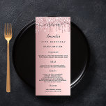 Birthday Menu blush pink glitter drips monogram<br><div class="desc">Birthday party menu card.  Personalize and add a name,  age,  date and the menu. Bush pink faux metallic looking background,  decorated with faux glitter drips.  Black coloured letters.</div>