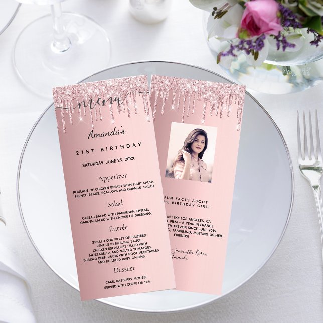 Birthday Menu blush pink glitter photo fun facts (Creator Uploaded)