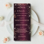 Birthday Menu burgundy rose gold glitter dust<br><div class="desc">Birthday party menu card.  Personalize and add a name,  age,  date and the menu. A chic burgundy faux metallic looking background,  decorated with rose gold faux glitter dust. 
This menu card is also available in our store with a photo on the back and space for fun facts/quiz.</div>