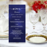 Birthday Menu navy blue white photo fun facts<br><div class="desc">Birthday party menu card.  Personalize and add a name,  age,  date and the menu. A navy blue background. The blue colour is uneven. White coloured letters.
Back: add a photo,  fun facts and names (family or friends)</div>